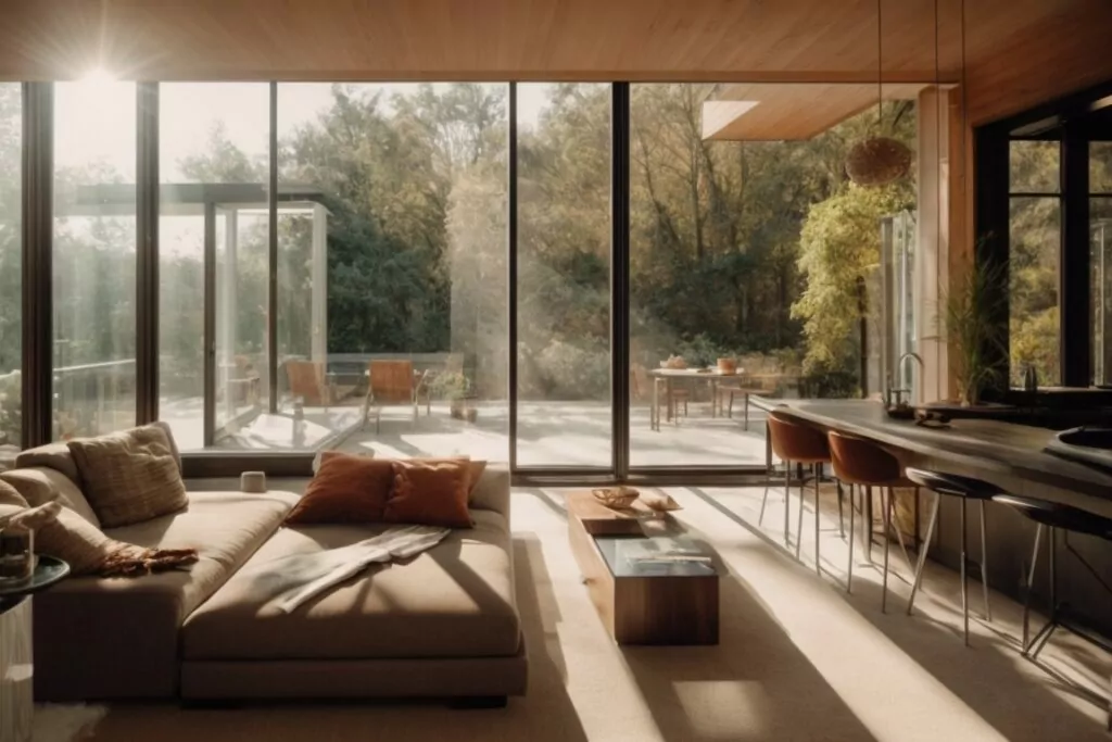 Interior of a home with window film blocking bright sunlight