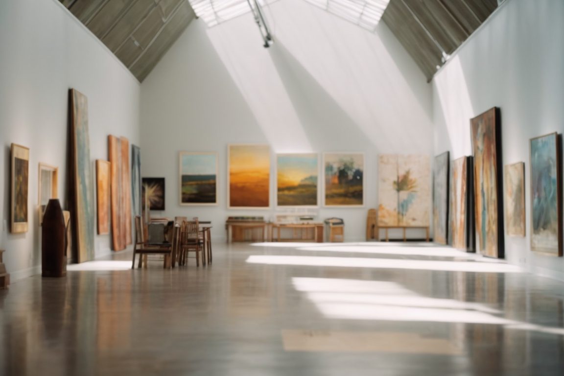 interior of Orlando art gallery with sunlight and faded paintings